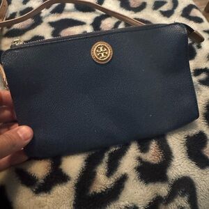 Tory Burch Dark Blue Wristlet with Gold Accent